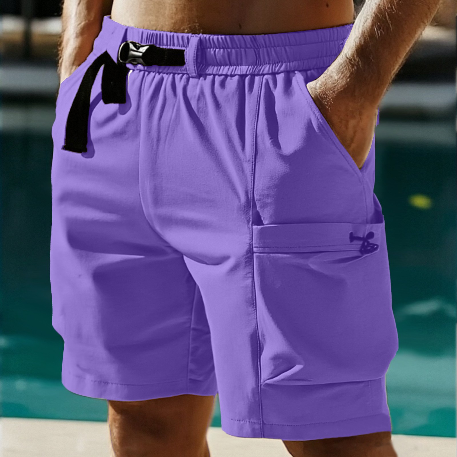 thumbnail image 2 of Pantalones cortos deportivos de secado rápido para hombre - Color liso transpirable - Poliéster, cintura elástica, tallas M-XXXXL, 2 of 8